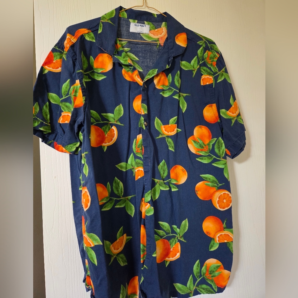 Old Navy Blue Oranges Button Camp Shirt withblue And  Orange Print